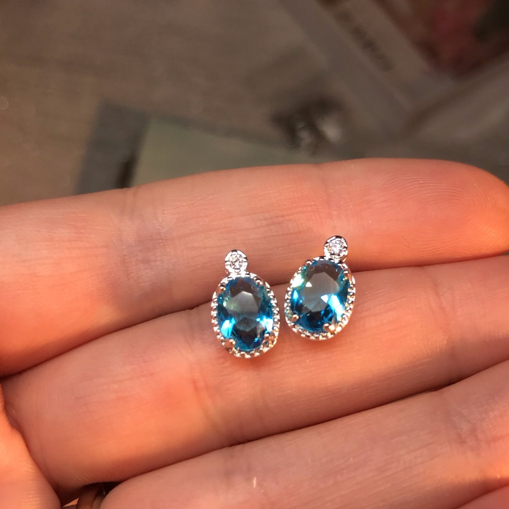 Blue Cubic Zircon Sterling Silver Stud Earrings - Picture 2 of 3